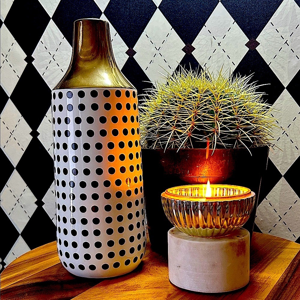Black, White & Gold Polka Dot‎ Ceramic Vase - Gold Neck – 12” Modern Classic - Picture 7 of 9